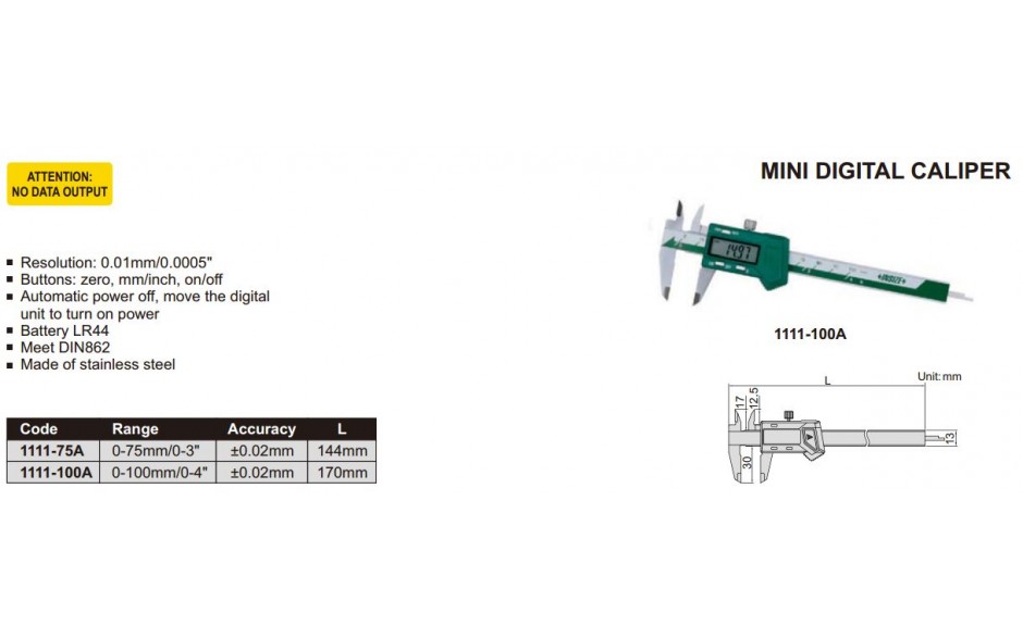 1111-75A | INSIZE DIGITALE MINI SCHUIFMAAT 75 MM 