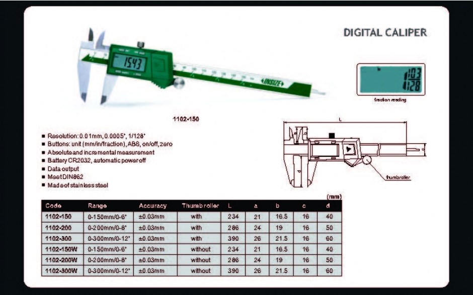 1102-150 | INSIZE DIGITALE SCHUIFMAAT 150MM 0.01MM MET DUIMROLLER