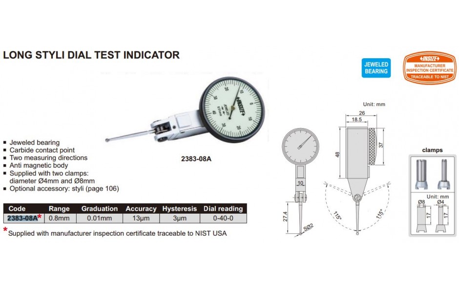 2383-08A | INSIZE PUPYTASTER 0,8 MM MEETKLOK [0,01] LANG MODEL