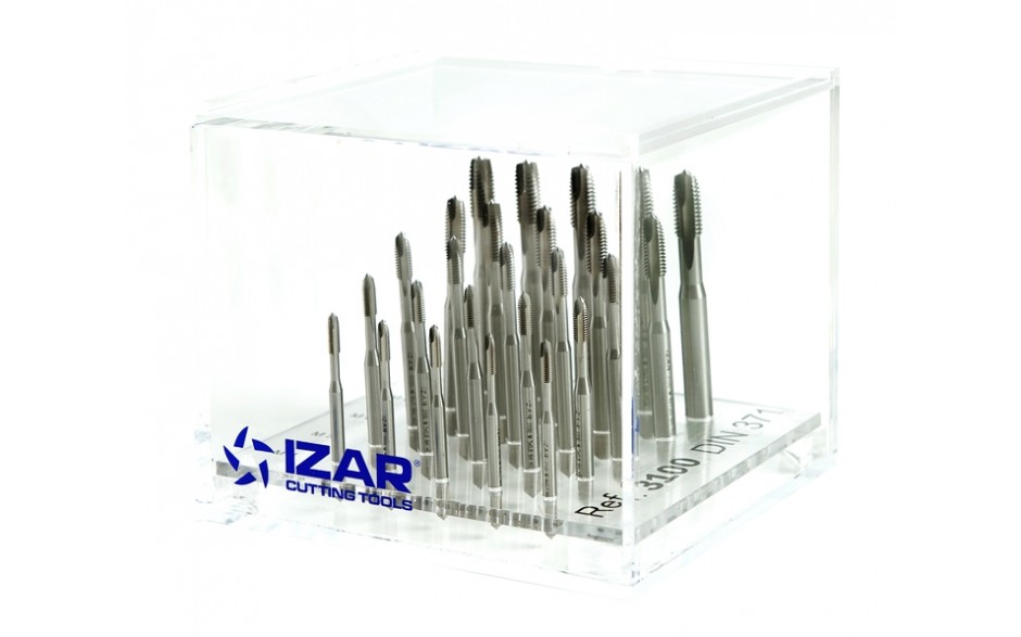 38998 | IZAR 3100 HSSE TAPPEN DISPLAY M4-M5-M6-M8-M10 (5 pcs x M) DIN 371 (Doorlopende Gaten)