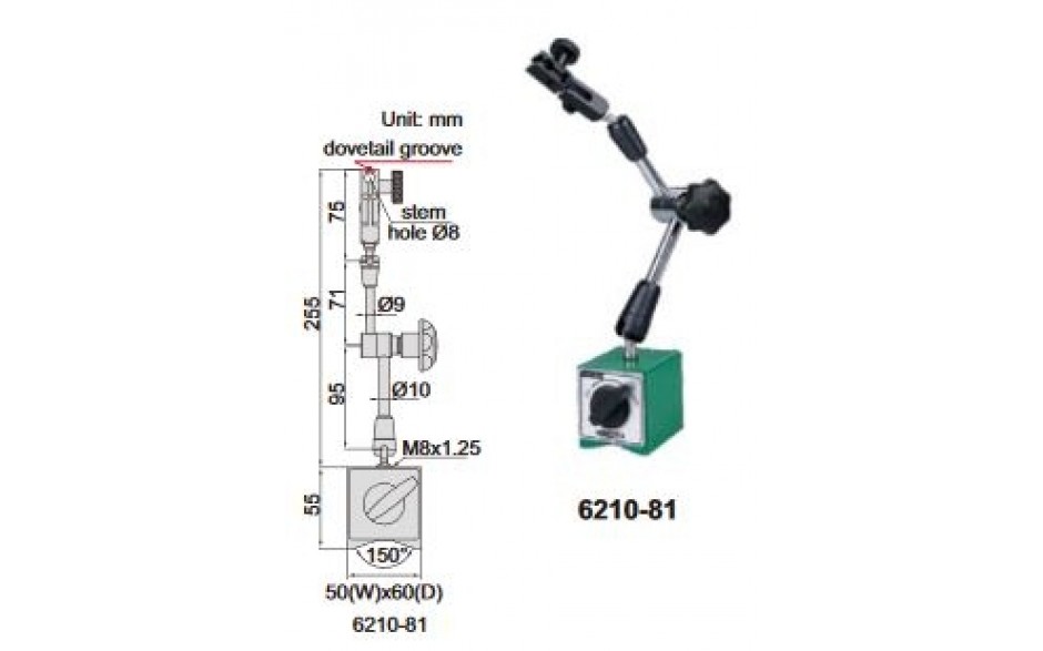 6210-81 | INSIZE MAGNETISCHE MEETKLOKSTATIEF 80KGF CENTRALE KLEMMING OPNAME Ø8 MM