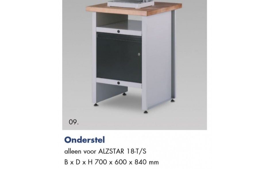 TAFELBOORMACHINE ONDERKAST MET DEUR T.B.V. ALZSTAR 18T/S  MET HOUTEN BOVENBLAD 700X600X840 MM, 48kg MET STELVOETEN